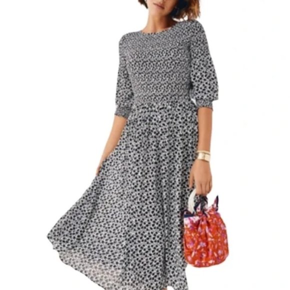 ANN TAYLOR Smocked Leaf Print Midi Dress - Picture 1 of 6